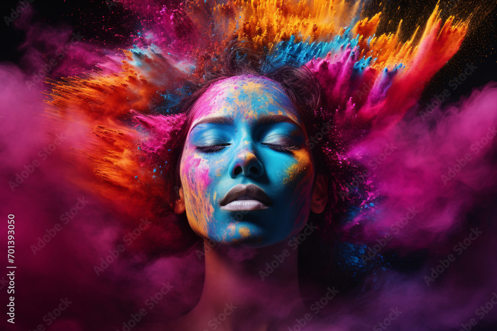 Portrait of a woman in the midst of a color powder explosion