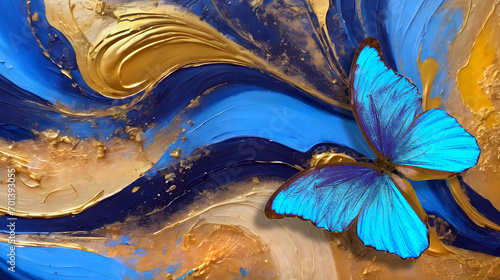 bright blue tropical morpho butterfly against a background of abstract blue and gold brush strokes of oil paint on canvas. photo