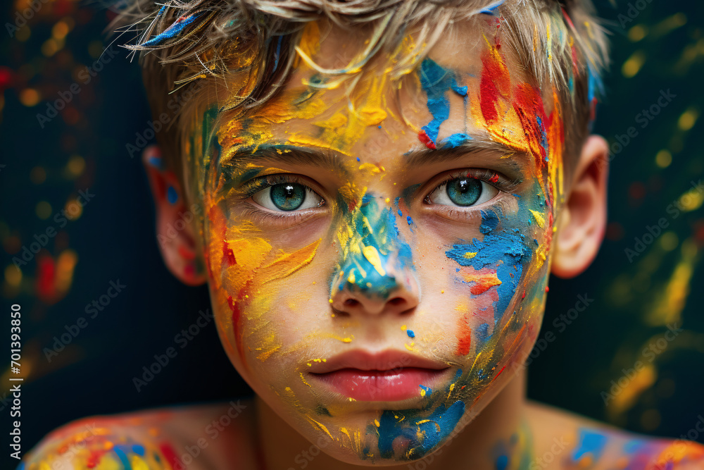 Portrait of a boy with colorful paint on his face