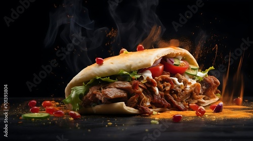 Delicious grilled turkish or beef meat sandwish boasting a medley of soaring ingredients and spices served hot and ready to savor. Commercial advertisement menu banner with copyspace area