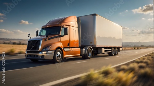 A large delivery truck speeds down the highway