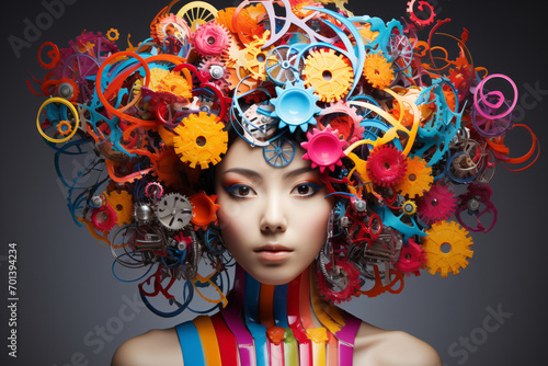 Portrait of an Asian woman with colorful gears coming out of her head, depicting the concept of neurodiversity, nd, ADHD or Autism photo