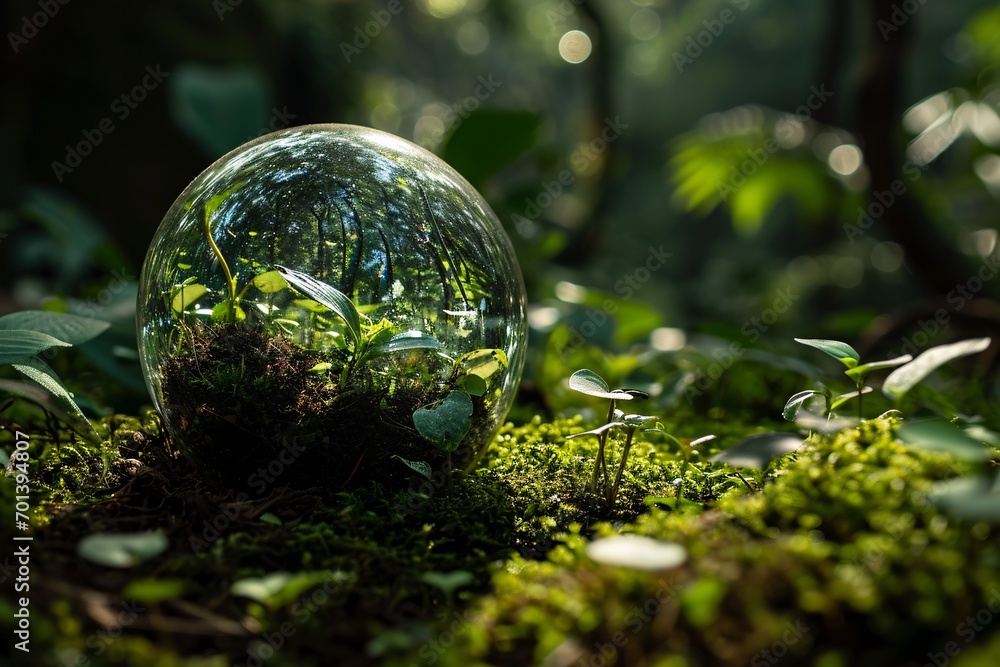 A glass globe with a plant inside, surrounded by moss and ferns. Generative AI A glass globe with a plant inside, surrounded by moss and ferns. Generative AI