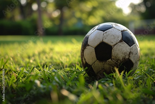 A dirty soccer ball on a grassy field Generative AI