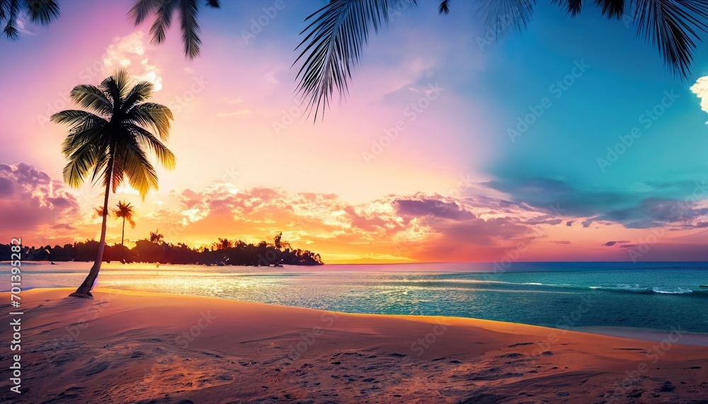 sunset on the beach with a palm tree suitable as a background or cover