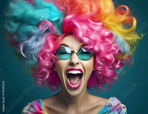 Portrait of a beautiful young woman with colorful wig and sunglasses.