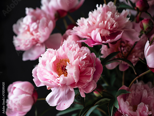 close-up of a lot pink and white peony on a black background