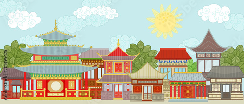 Chinese town with ancient oriental buildings. panorama sunny chi © Aloksa