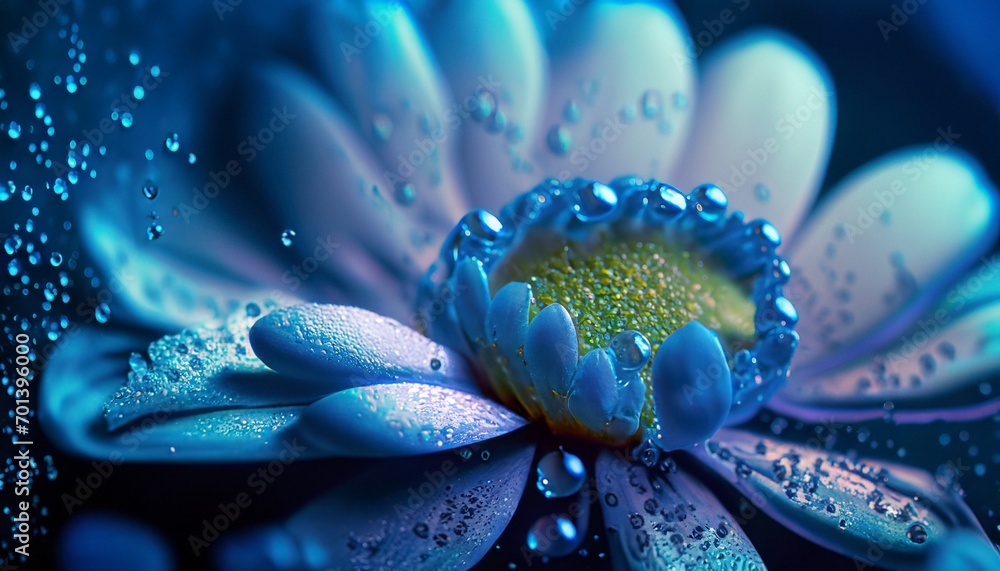 Fototapeta premium blue flowers with morning dew drops abstract background suitable as a notebook cover