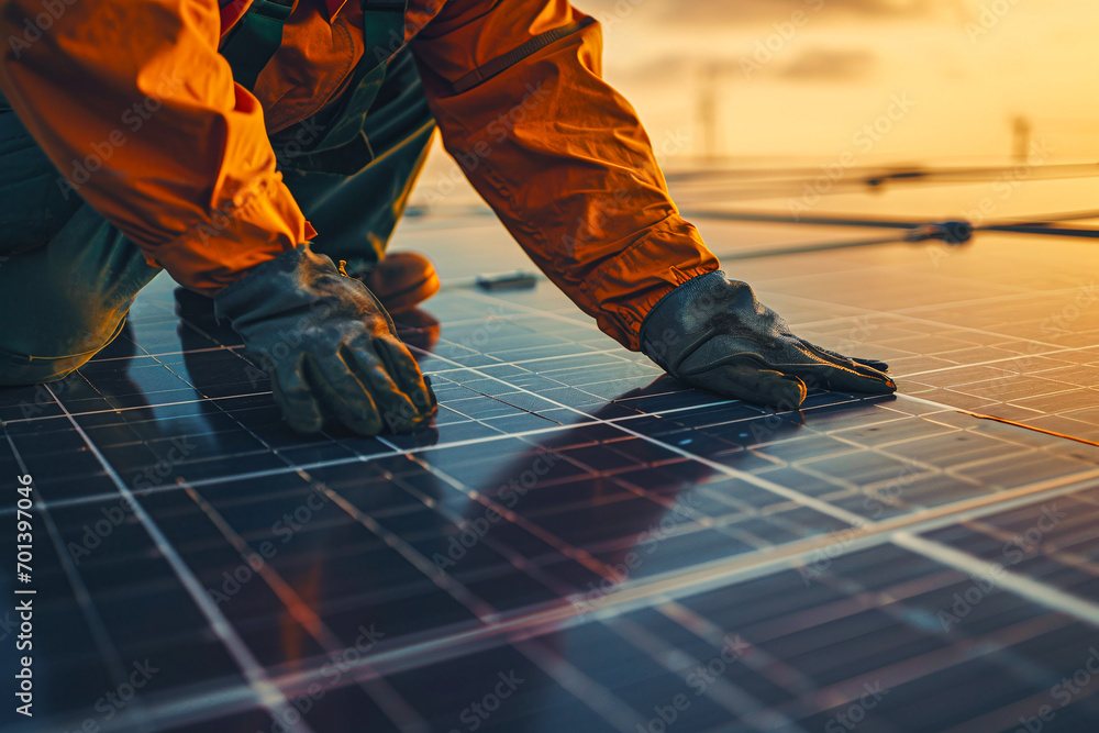 A person, technician, worker, touching a solar panel. Renewables. Solar panels - obrazy, fototapety, plakaty 