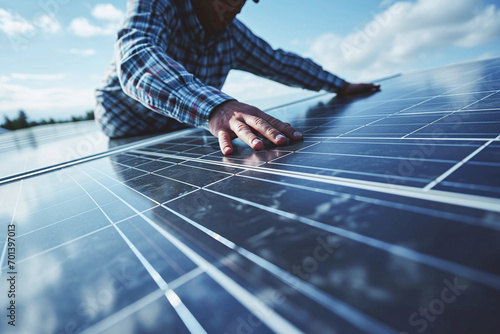 A person, technician, worker, touching a solar panel. Renewables. Solar panels photo