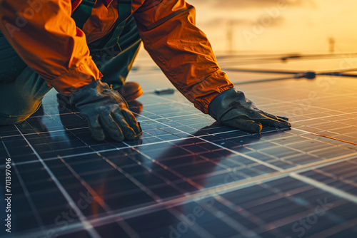 A person, technician, worker, touching a solar panel. Renewables. Solar panels © Stefano Astorri