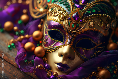 Venetian carnival mask and beads decoration. Mardi gras background.