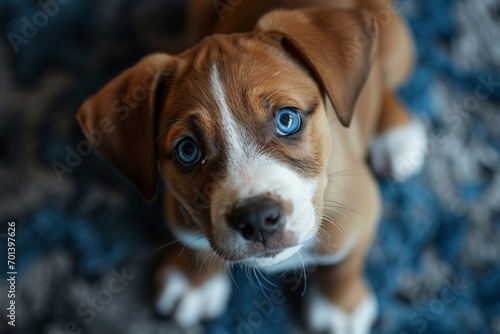 A brown and white dog with blue eyes looking at the camera Generative AI photo