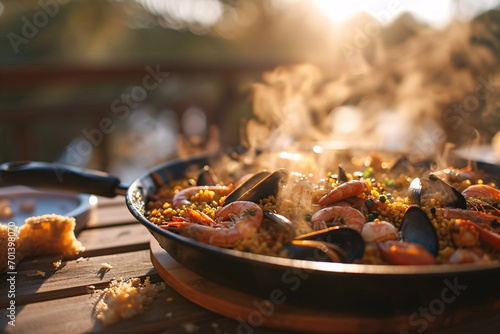 A delicious seafood dish on a wooden table Generative AI photo