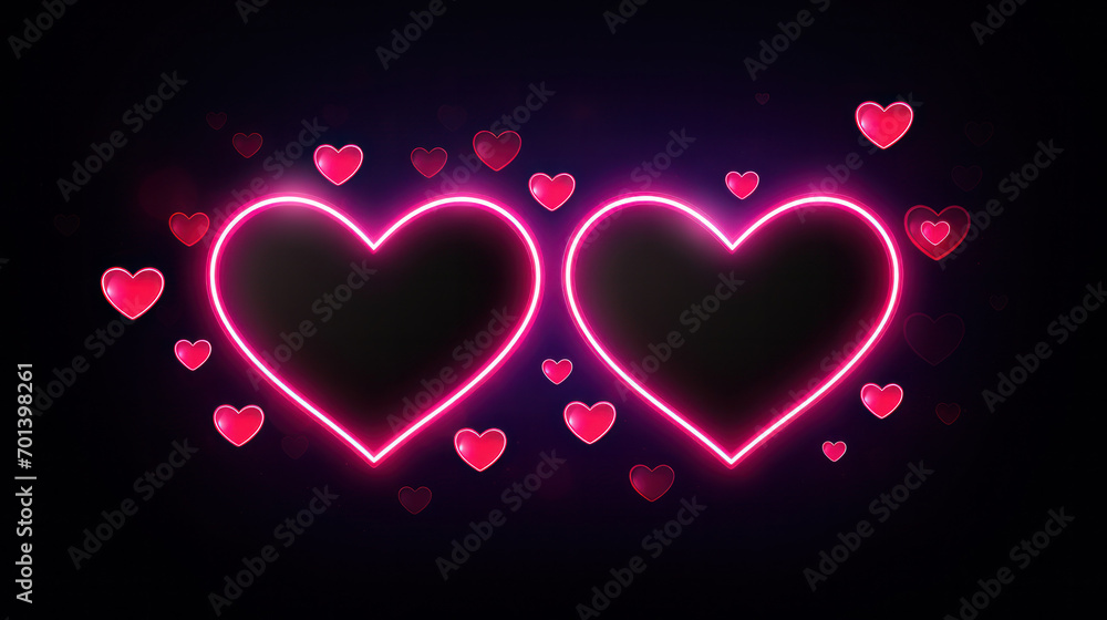 Neon frame of hearts for Valentine's Day, on a black dark background, with space for text Neon frame of hearts for Valentine's Day, on a black dark background, with space for text