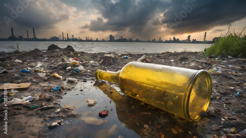 Water pollution an environmental disaster concept. Dirty polluted water with garbages. AI generated image