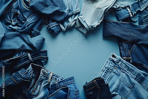 A collection of blue jeans on a blue table Generative AI photo