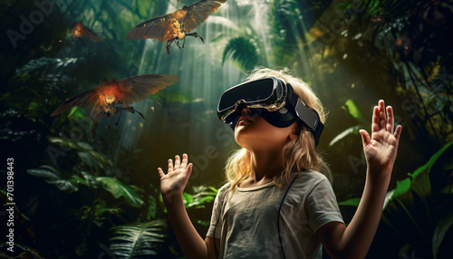 Female child, girl discovering virtual worlds, magical forest. Children and gaming. Children and technology. Impressive technology made easy. Discover digital worlds. Fantasy worlds.