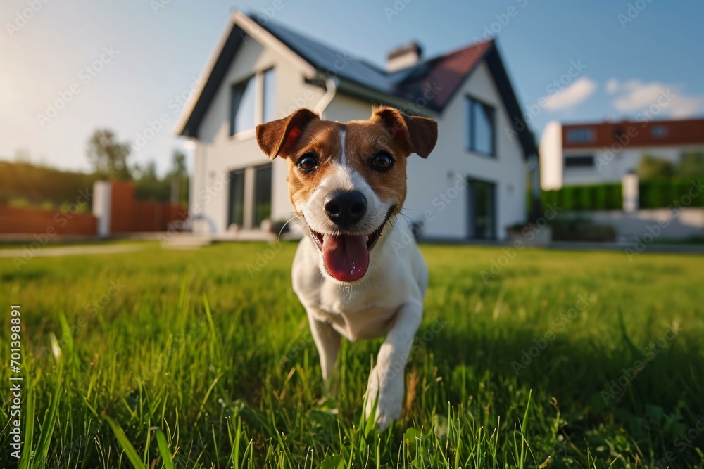 Smiling White and Brown Dog in a Yard Generative AI Smiling White and Brown Dog in a Yard Generative AI