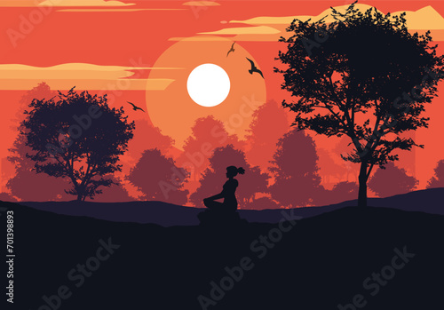 International Yoga Day Banner, poster, card, ad design. 21 June yoga day. Person doing yoga on the peak of mountain. Creative Vector Illustration.
