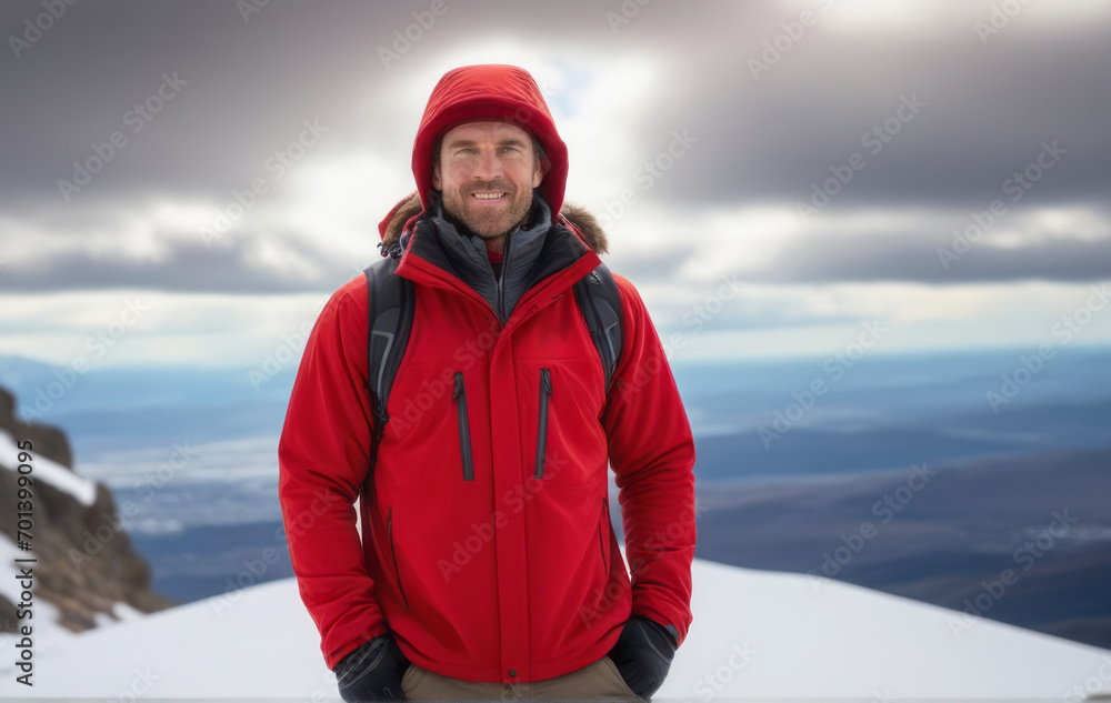 A mountaineer man climbs a mountain in winter wearing a red jacket with a hood. out in the freezing cold weather on a mountain to the top of the mountain in winter, in a snowstorm