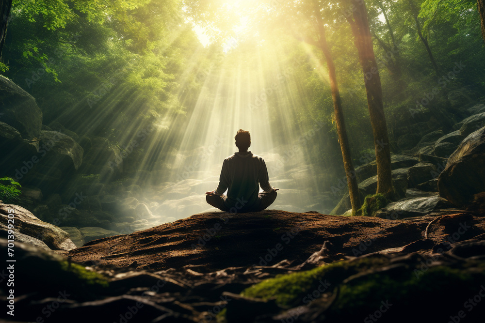 Healthy lifestyle, states of mind, hobbies and leisure concept. Man meditating or making yoga in dense enchanted forest or jungle and illuminated with sunlight - obrazy, fototapety, plakaty 