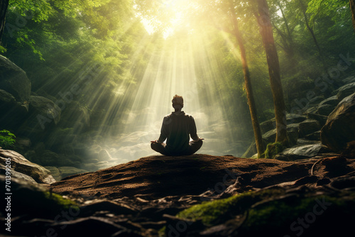 Healthy lifestyle, states of mind, hobbies and leisure concept. Man meditating or making yoga in dense enchanted forest or jungle and illuminated with sunlight photo