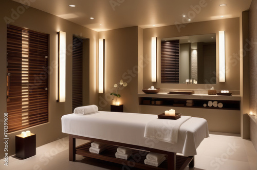 interior design Spa conveys a sense of tranquility with a minimalist style  and soft lighting to highlight spa accessories in a soothing environment