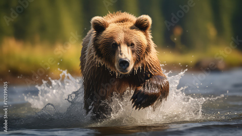 A Photo of Realistic bear walking in the natural water river. © Jaikadesigns