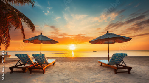 Summer beach landscape. Luxury vacation and holiday concept, summer travel banner. Panoramic landscape of sunset beach, two loungers umbrella, palm leaf, colorful sunset sky for paradise island view © PaulShlykov