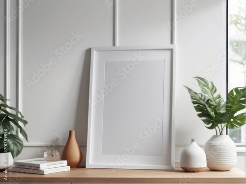 poster frame mockup of the interior room  decorated with white walls  simple and elegant  placed on a wood counter. Surrounded by decorative plant vases Placed neatly and cleanly.