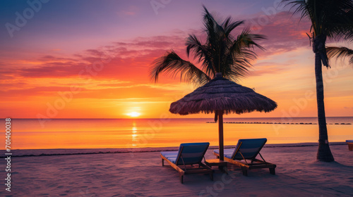 Summer beach landscape. Luxury vacation and holiday concept, summer travel banner. Panoramic landscape of sunset beach, two loungers umbrella, palm leaf, colorful sunset sky for paradise island view