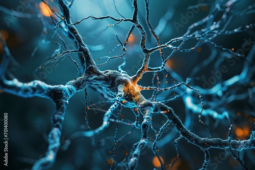 A close-up of a nerve cell with a blue background Generative AI photo