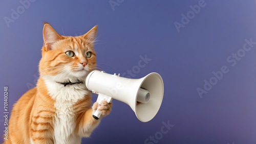 Cat announcing using megaphone. Notifying, warning, announcement.