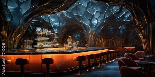 Bar where light and shadows play a captivating role in shaping its mysterious atmosphere with a touch of aesthetics.