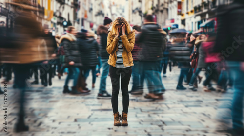 Distressed woman standing on a busy street, covering her face with her hands, with the world around her blurred in motion photo