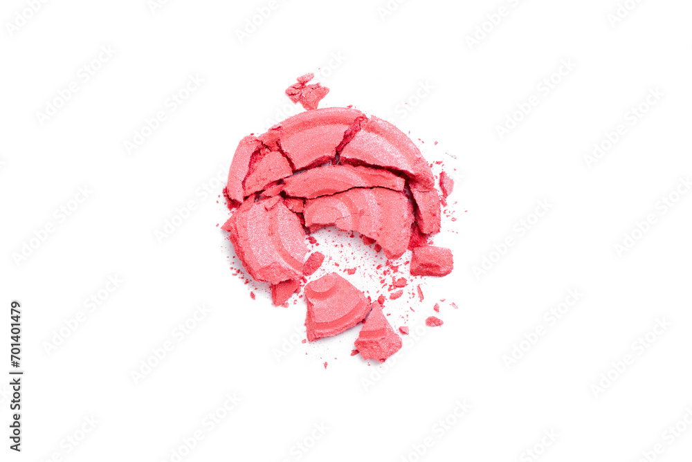 Pink Blusher and Face Powder. Shimmering bright palette of Face Cosmetics Make up. Craked texture of round blusher against white background. Pink Blusher and Face Powder. Shimmering bright palette of Face Cosmetics Make up. Craked texture of round blusher against white background.