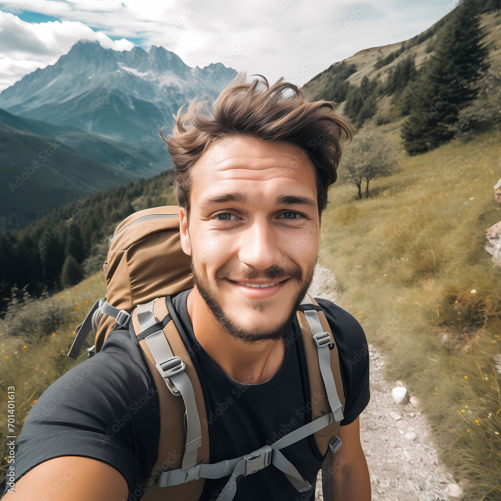 Happy hiker standing in front of mountains , Travel blogger enjoying nature view on summer trip