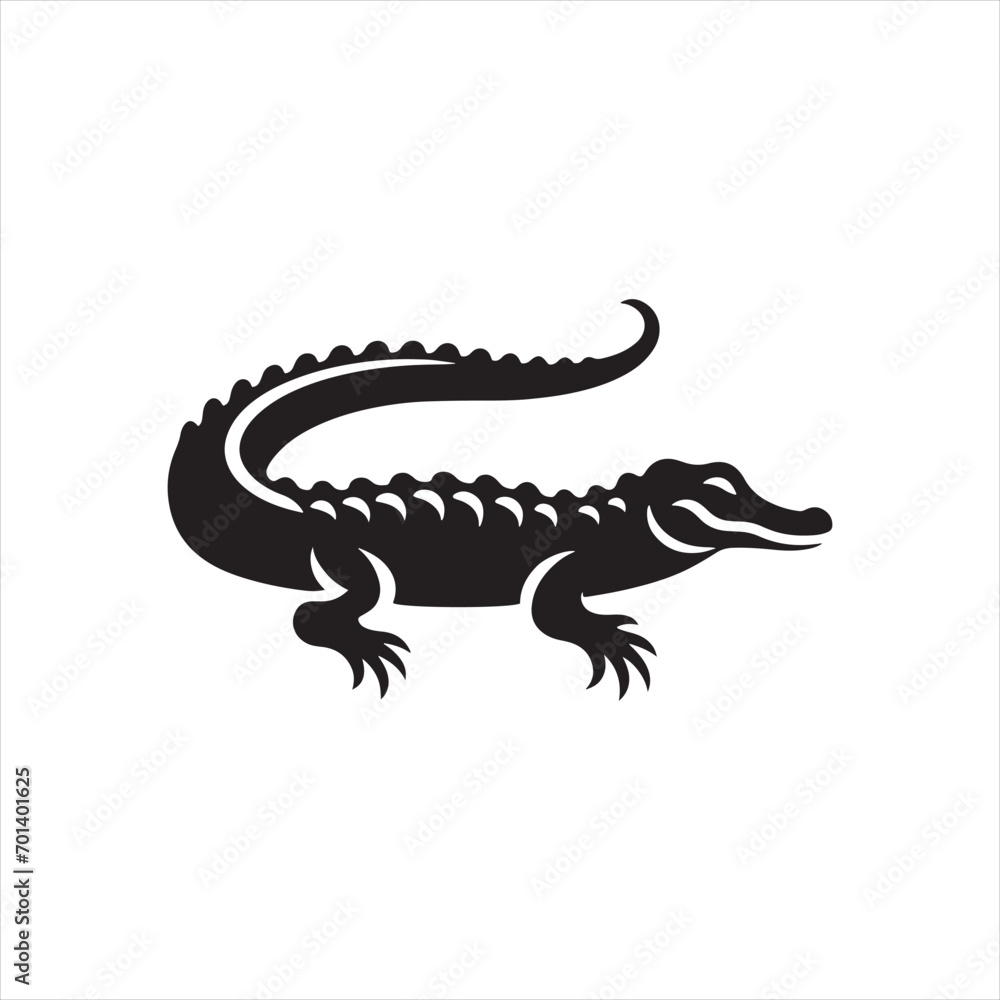 Black Vector Crocodile Silhouette: Powerful Swamp Predator in Sharp Shadow - Reptile Stock Vector
