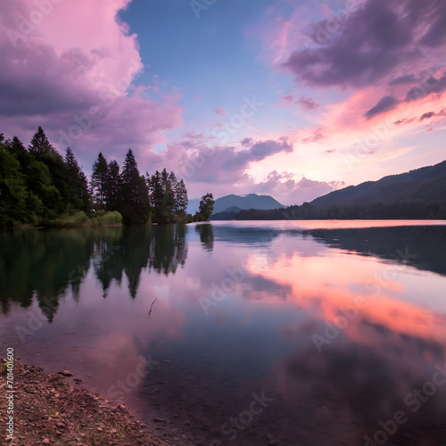 Serene Twilight: Reflective Waters and Pastel Skies with Trees and Mountains in the background