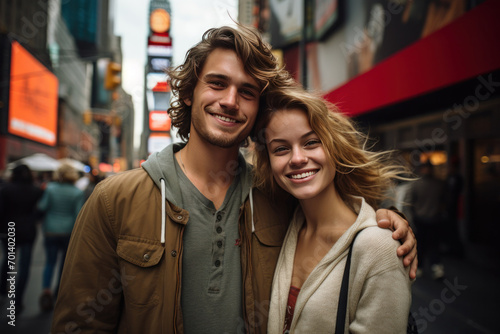 Smiling Young Couple Embracing on a Bustling Big City Street 