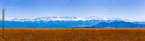panorama of tall dry yellow grass field in front of mountains sunny autumn afternoon. photo