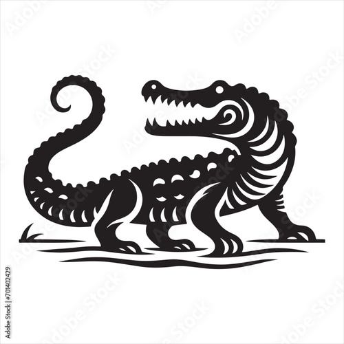Fototapeta Naklejka Na Ścianę i Meble -  Black Vector Crocodile Silhouette: Lurking Swamp Menace in Detailed Shadow Form - Reptile Stock Vector
