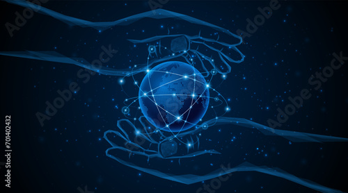 Abstract hand holding the world. Global connection network. World map. Internet technology concept or global communication. 