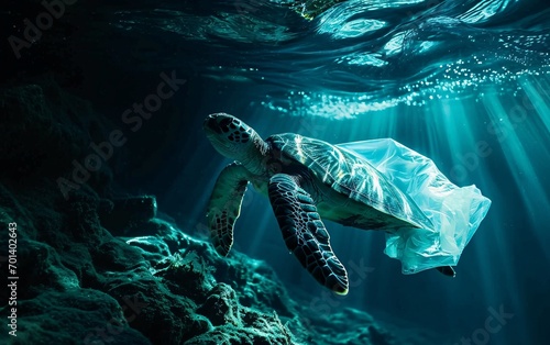 A turtle swimming in the ocean with a plastic bag on its back Generative AI