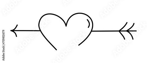 Cute doodle heart with arrow icon. Hand drawn illustration. Valentine's Day symbol. Template for vector simple designs, love cards, invitations, template, decorations. Outlined logotype.