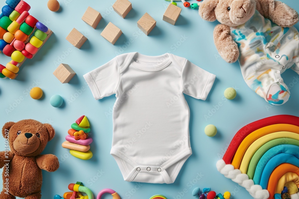 Obraz premium A white baby's outfit on a blue background with toys and blocks. Generative AI
