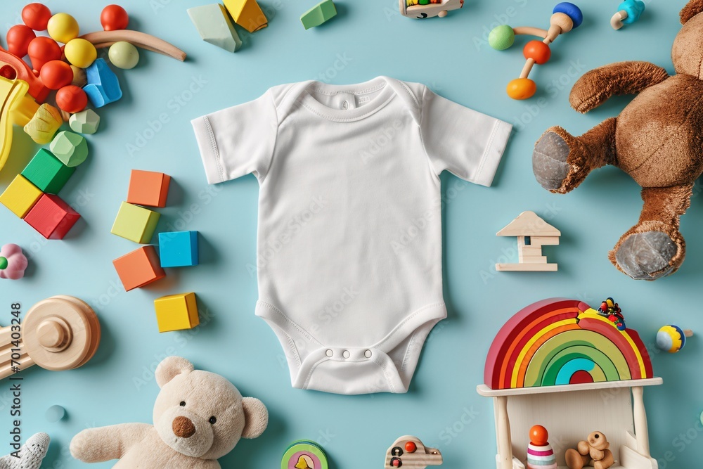 A white baby's outfit on a blue background with toys and a teddy bear. Generative AI - obrazy, fototapety, plakaty 