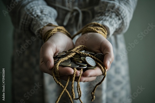A person holding a bunch of coins with a rope around their wrists. Generative AI
